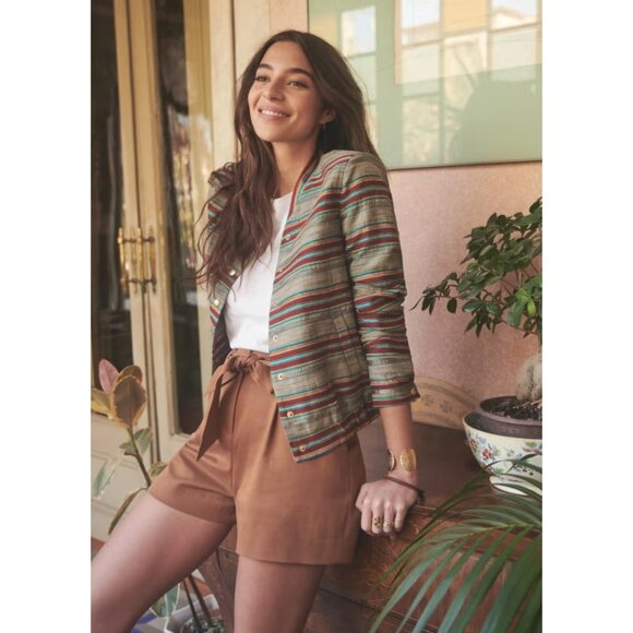 NWT Sezane Teddy Keaton in Jacquard Striped Rust Green Gold Bomber Jacket 36 4 - Picture 1 of 10